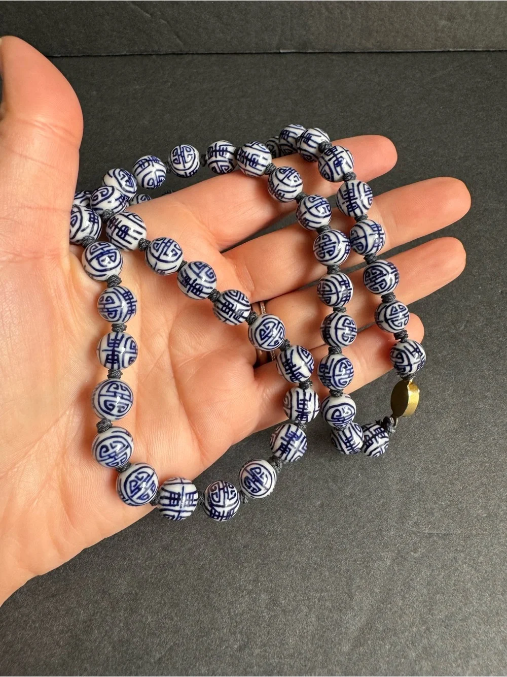 Vintage Chinese Shou Bead Necklace Blue White Porcelain Beaded Longevity 24